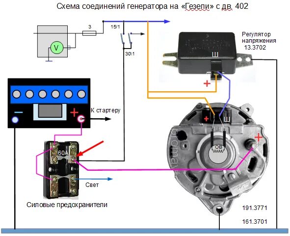 Генератор карбюратор подключение. Схема генератора Газель 402. Схема подключения генератора Газель 402. Схема подключения генератора 402 двигатель Газель. Генератор ЗМЗ 402 схема.