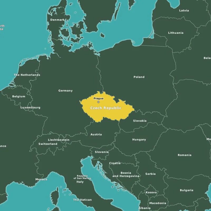 Чехия на карте Европы. Расположение Чехии в Европе.
