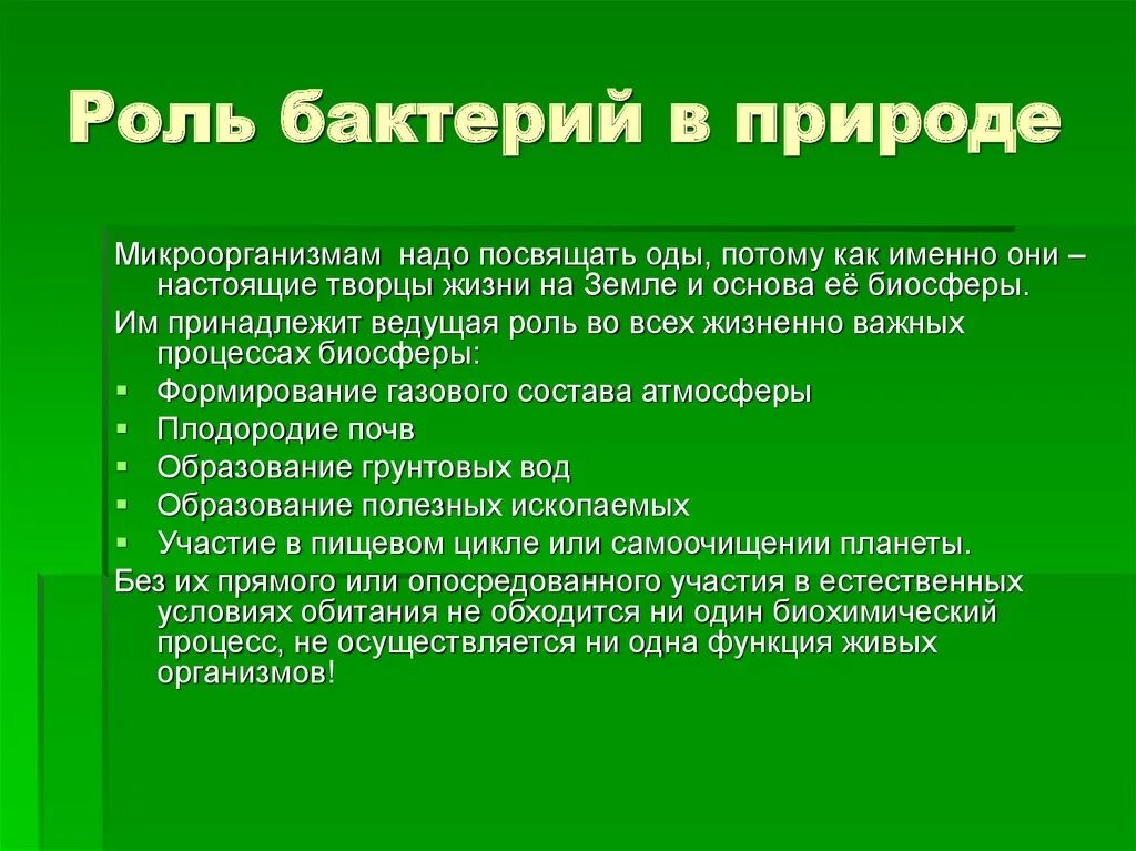 Роль бактерий в природе. Функции микроорганизмов в природе. Робобактерий в природе. Функции бактерий в природе. Конспект по теме значение биологии