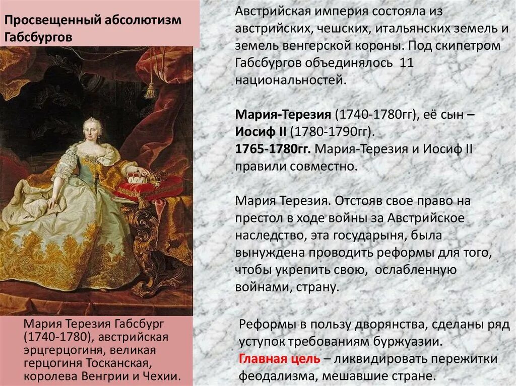 Просвещенный абсолютизм 1740-1780. Австрийская монархия Габсбургов в 18. Реформы Марии Терезии в Австрии. Политические особенности габсбургов