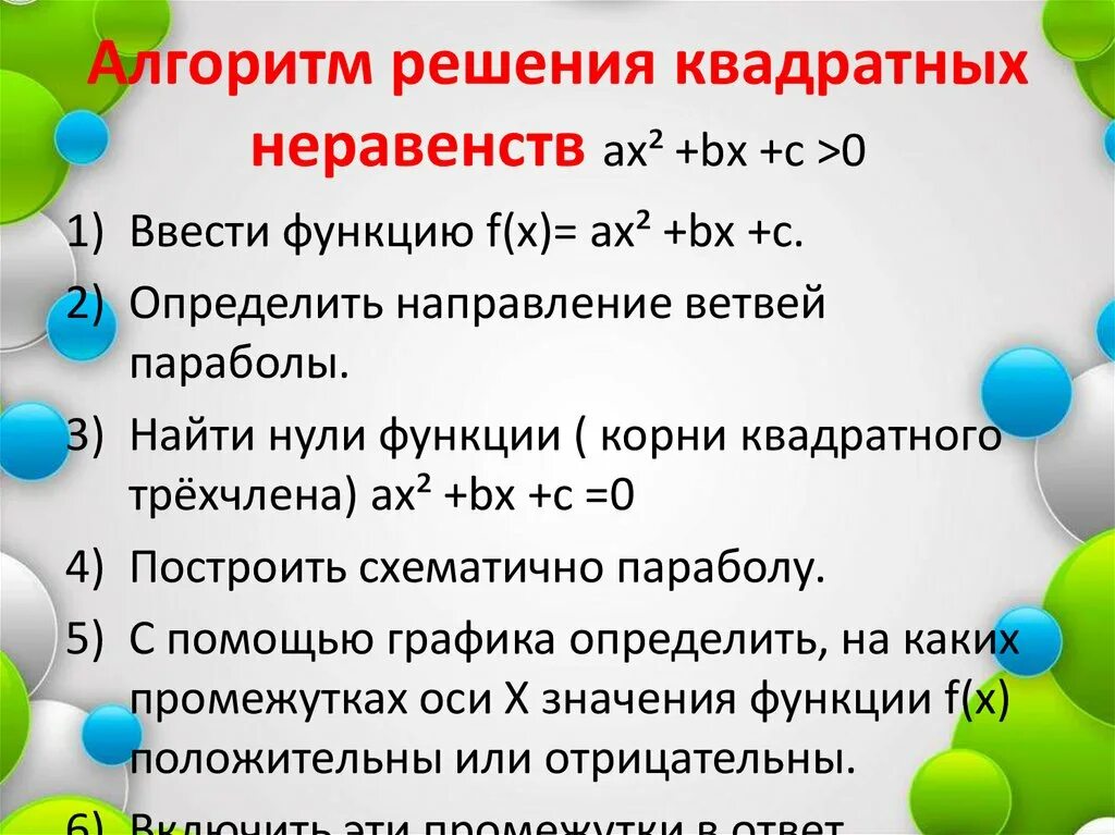 Неравенство квадратичной функции. Алгоритм решения квадратных неравенств. Решение квадратных неравенств 9 класс. Решение квадратных неравенств 8 класс. Алгоритм решения квадратных неравенств 9 класс.