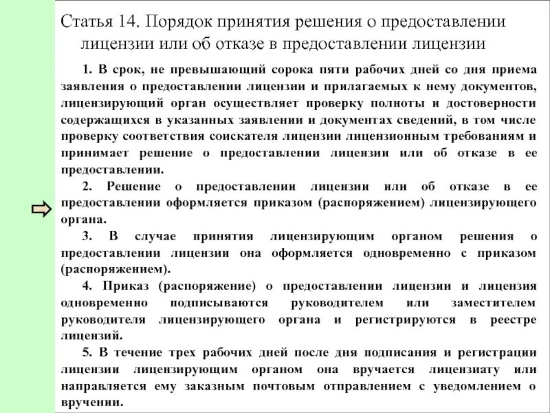 Порядок принятия решения о предоставлении лицензии. Отказ в выдаче разрешения. Отказ в лицензировании. Решение о выдаче лицензии.