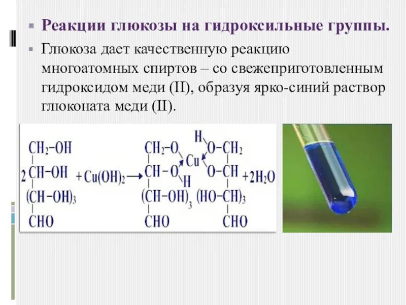 Глюкоза признак реакции. Качественная реакция на обнаружение Глюкозы. Реакция многоатомных спиртов с гидроксидом меди 2 Глюкоза. Глюкоза реакция на гидроксильную группу. Напишите уравнение реакции качественного обнаружения Глюкозы.