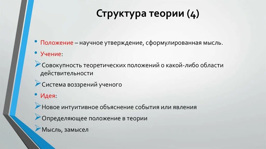 Определение структуры теории. Структура теории. структура учения. структура научных положений. ключевое положение теории структуризации.
