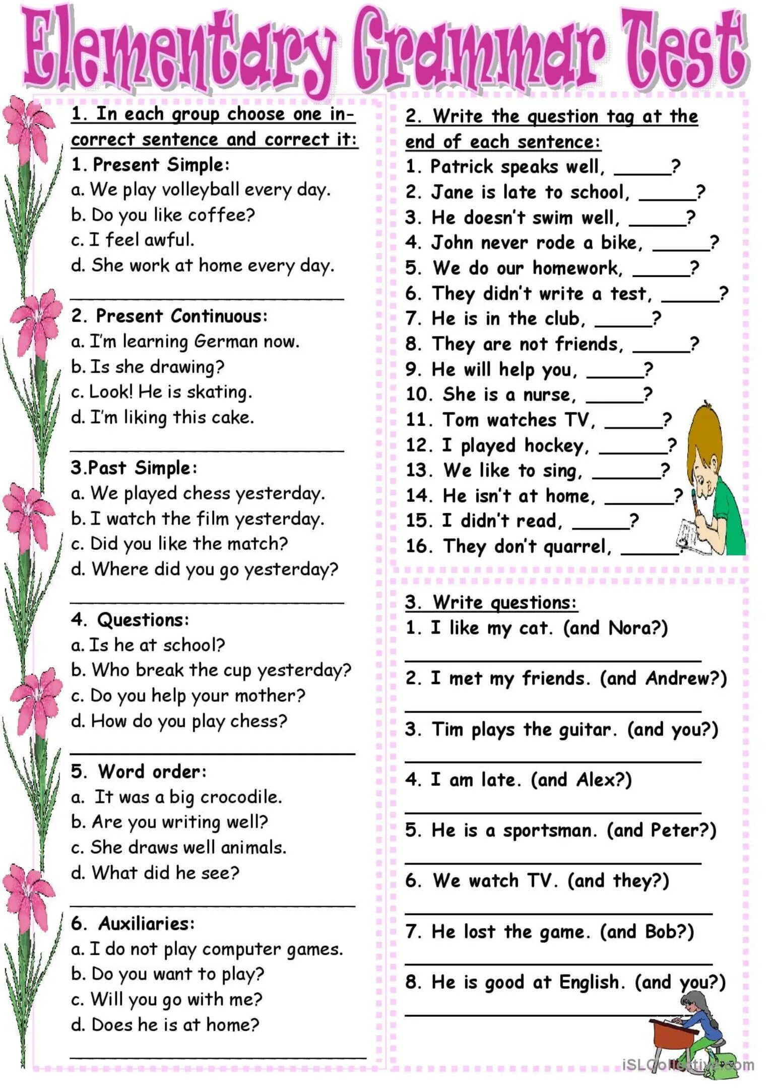 Grammar test. Grammar Test Elementary for Kids. English Grammar Test - Elementary Level. Грамматика Worksheets Elementary. Задания по английскому для уровня Elementary.