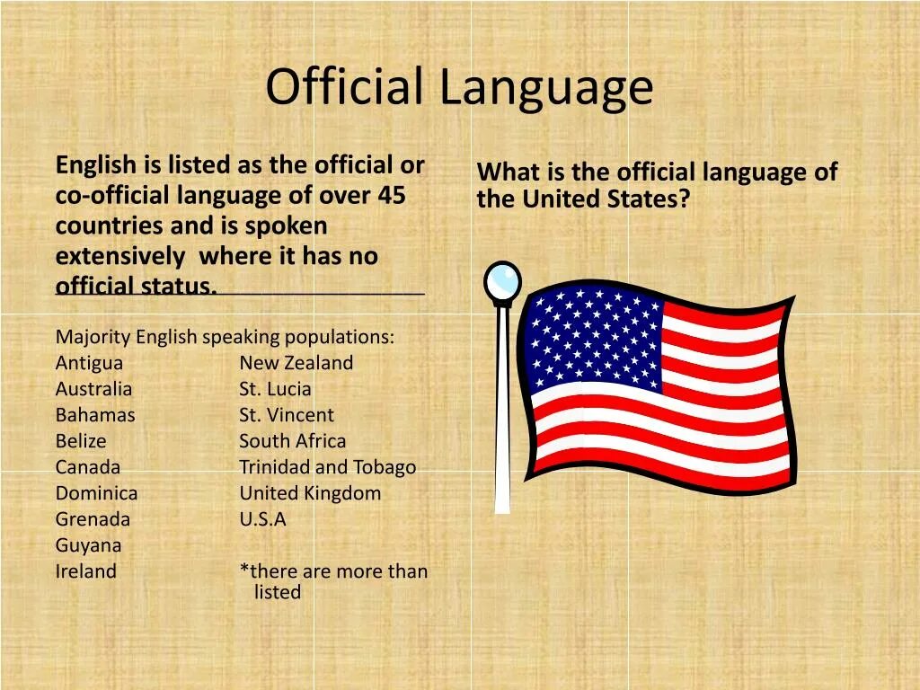 Official language. The Official language is English.. English as an Official language.