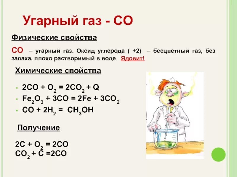 Как получают оксид углерода 2 в лаборатории. Химические свойства угарного газа реакции. характеристики химических свойств угарного газа. реакция получения угарного газа. химические свойства оксида углерода 2 угарный газ.