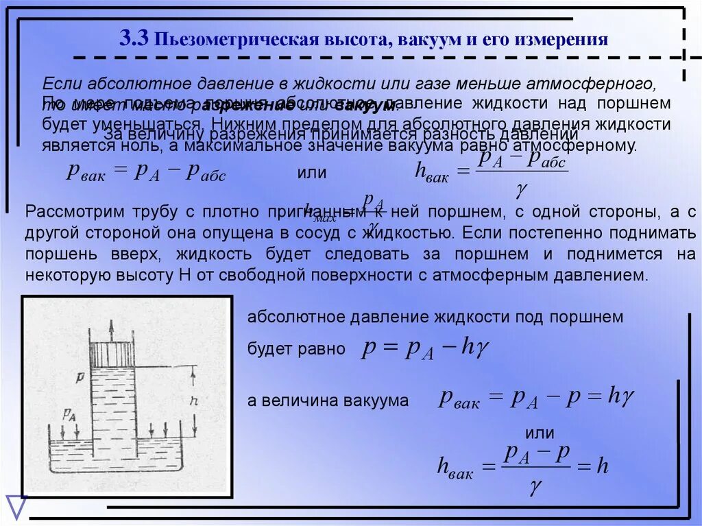 От каких величин давление в жидкости. Абсолютное и избыточное давление формула. Пьезометрическая высота вакуум. Пьезометрическая высота гидравлика. Гидравлический и пьезометрический напор.