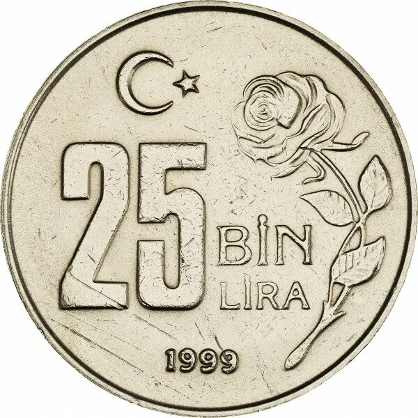 250 000 Лир. Размер 25 лир Турция на фоне других монет.