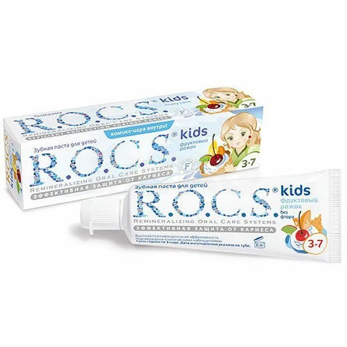 Зубная паста для детей новый. R.O.C.S. зубная паста Kids фруктовый рожок без фтора 3-7 года 45 г.. Зубная паста r.o.c.s. Kids фруктовый рожок 3-7 лет. Рокс детская зубная паста 3-7. Зубная паста Рокс для детей 4-7 лет.