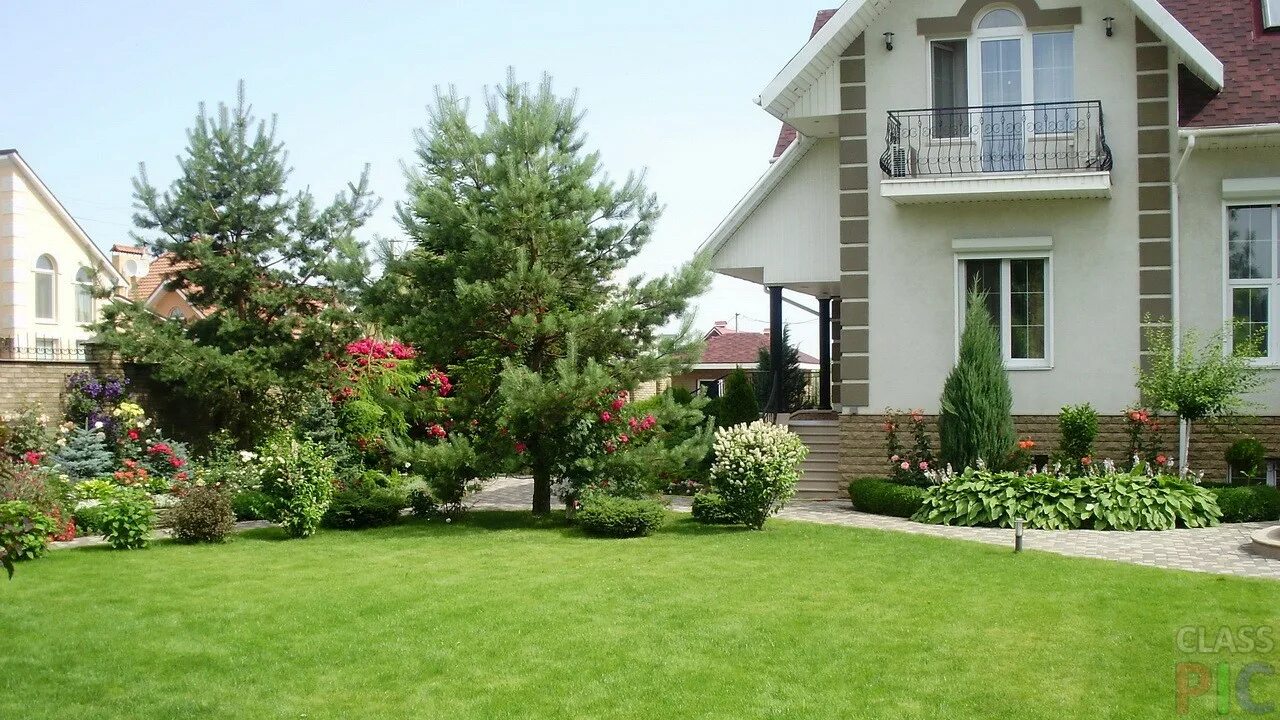 Газон на участке. Ландшафтное дизайнерство. Домик с газоном. Загородный дом с газоном. Красивые лужайки перед домом.