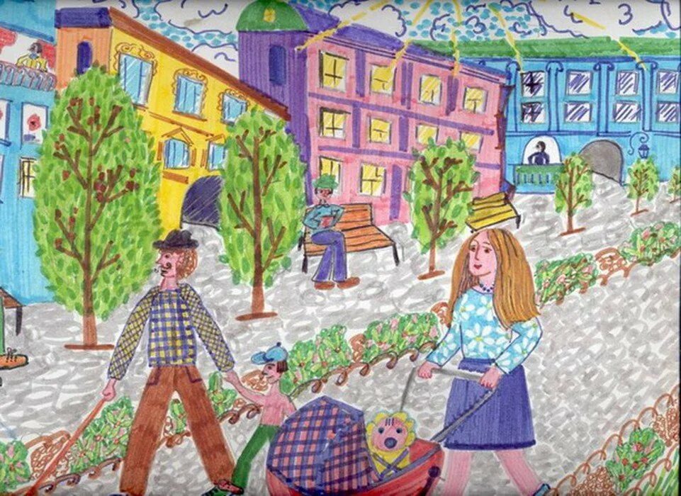 Конкурс вместе с моим городом. Детские рисунки города. Иллюстрации улиц города для детей. Двор глазами ребенка. Рисунок на тему город.