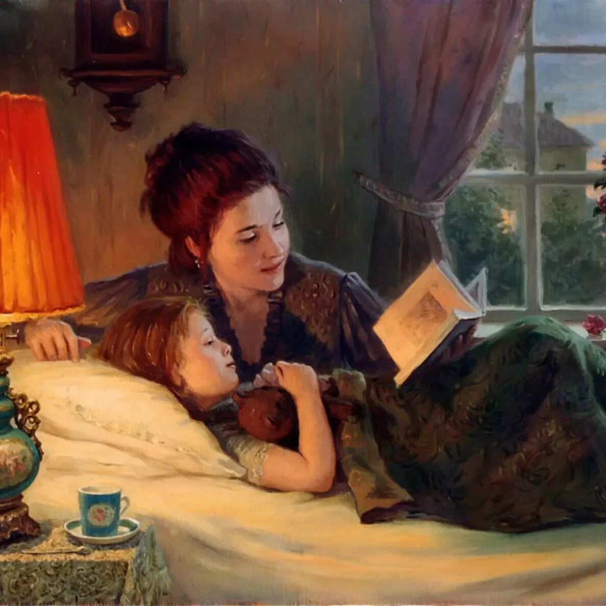 Читать ты я постель сейчас же. Мама рассказывает сказку. Чтение в живописи. Чтение сказок.