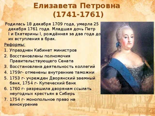 Правление екатерины 1 история 8 класс. 1741-1761 Реформа преобразования Елизаветы Петровны.