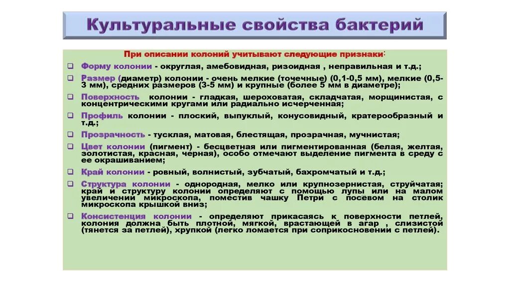 Методы изучения культуральных признаков бактерий. Определение культуральных свойств микроорганизмов. Культуральные свойства бактерий. Характеристика бактериальных колоний.