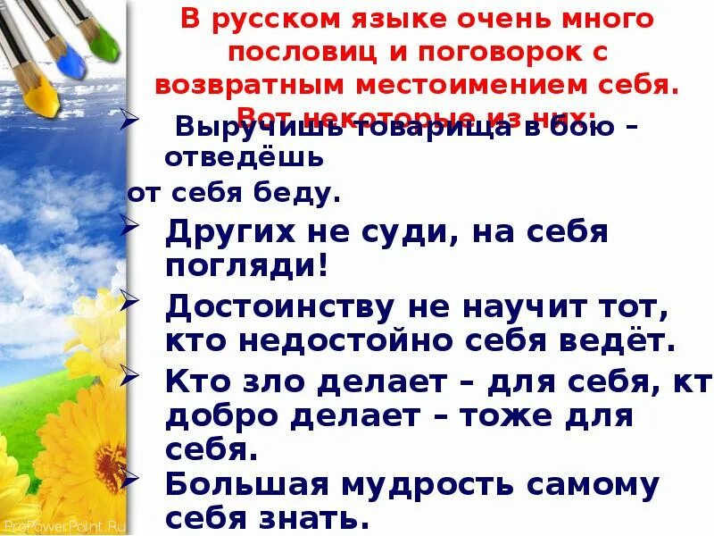 Урок русского 6 класс возвратное местоимение себя. Пословицы с местоимениями. Пословицы с местоимением себя. Пословицы и поговорки с местоимением себя. Пословицы и поговорки с местоимениями.