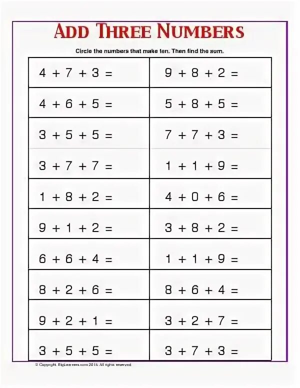 Add three. Adding three numbers by making ten. square of three added numbers.