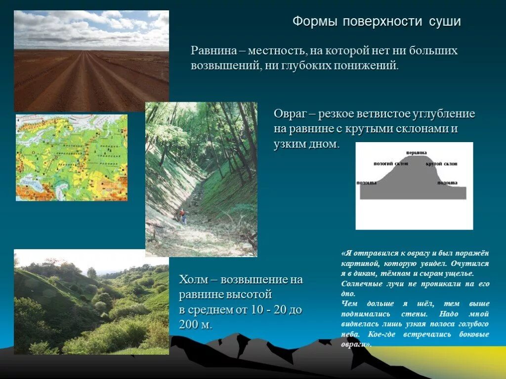 Земная поверхность какие определения подходят. Формы поверхности суши равнины холмы овраги. Формы поверхности суши. Формы земной поверхности презентация. Формы поверхности суши презентация.