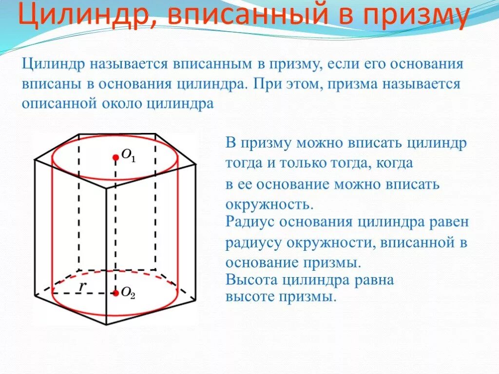 Призму можно вписать в. Правильная треугольная Призма описана около цилиндра. Призма описанная около цилиндра. Вписанная и описанная Призма. Площадь основания Призмы вписанной в цилиндр.