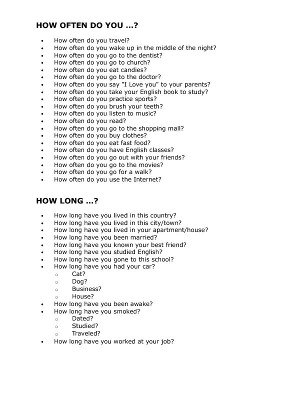 How often you read. How often questions. How often. How often do you. How long questions.