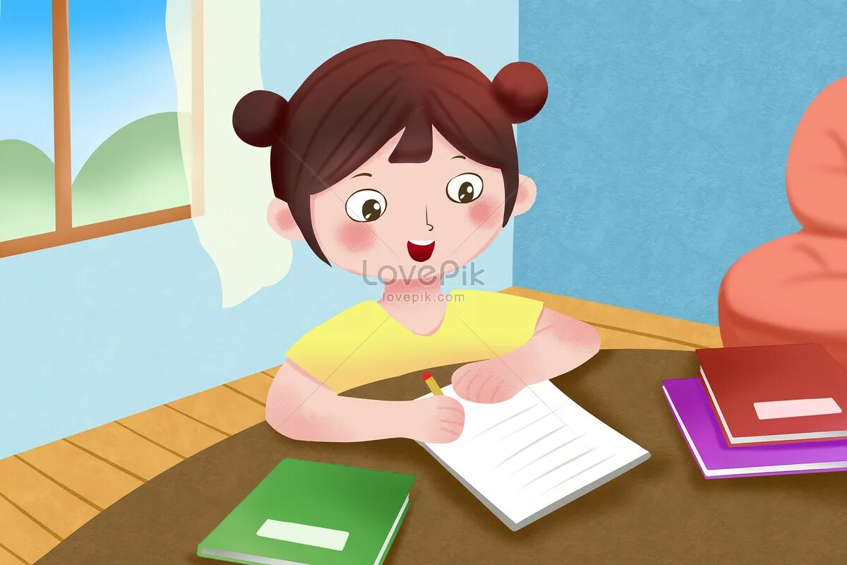 Do homework every day. Маленькая девочка делает домашнее задание рисунок. продавщ рисунок. do homework. do homework cartoon.