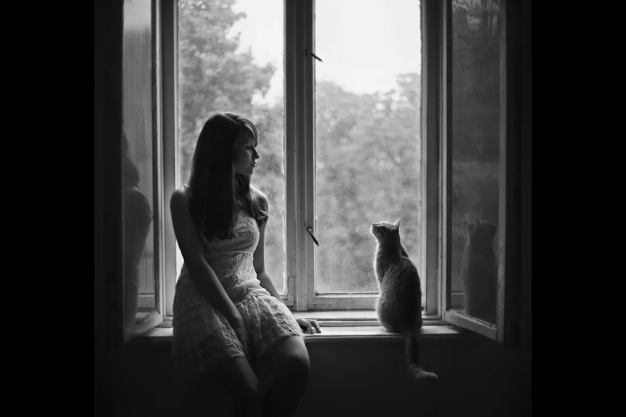 За окном белом платье. Девушка с котом на подоконнике. Одинокий кот. Девушка у окна. Фотосессия на подоконнике.