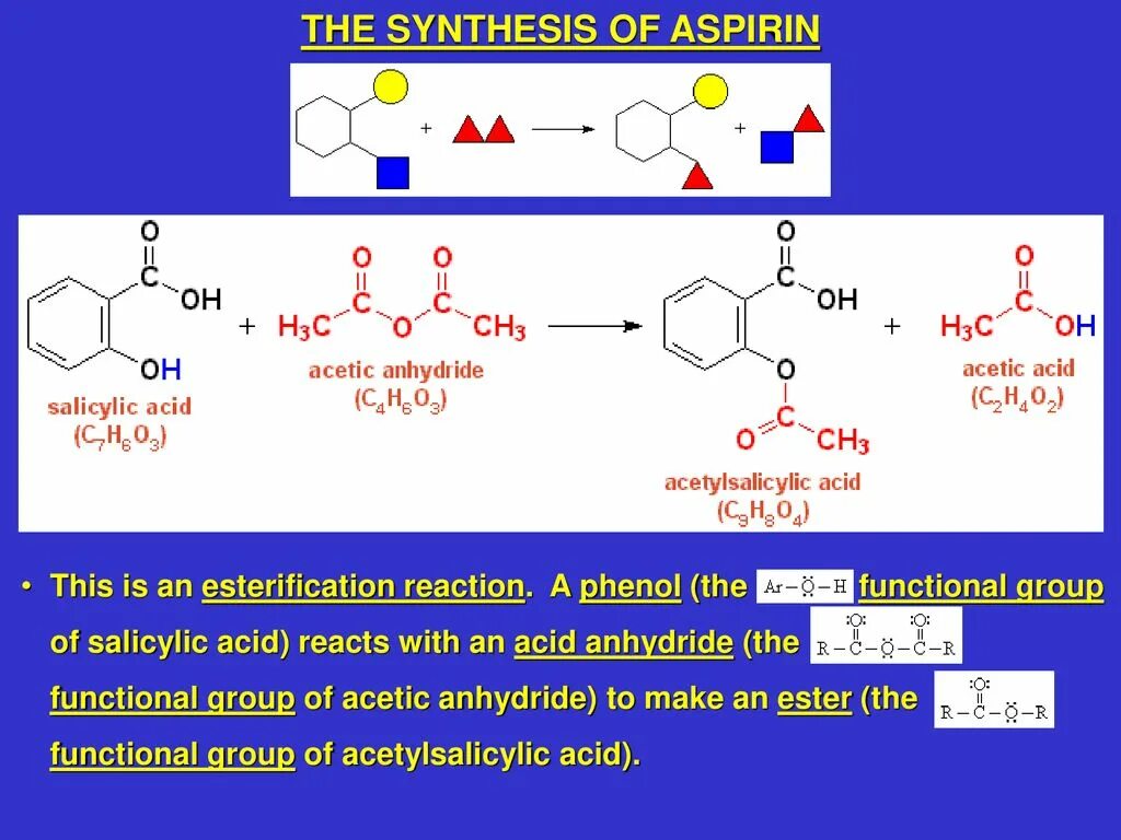 Am synthesis. Aspirin Synthesis. Aspirin Reaction. Acetic anhydride. Esterification Reaction acid.