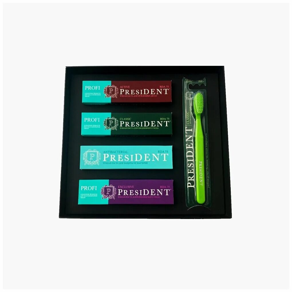 набор зубных паст президент подарочный. President profi exclusive. набор президент пасты + щетка. President, зубная паста, profi classic, 50 мл. набор для брекетов president с воском.