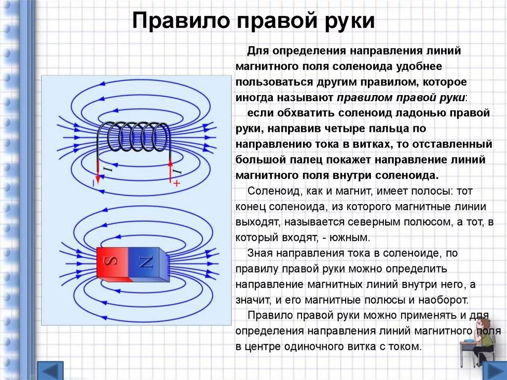 Определите направление движения магнита. • Вектор магнитной индукции (правило правой руки для прямого тока). Магнитная индукция конечного соленоида. Определение магнитной индукции по правилу правой руки. Линии магнитной индукции соленоида.