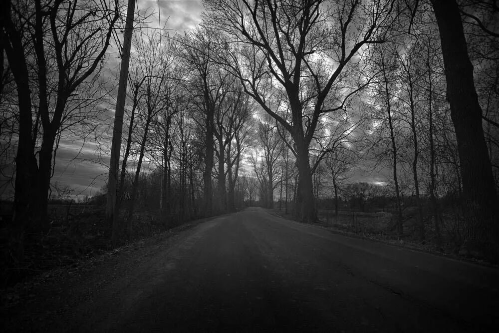 Gloomy. Cold Dark Day. Scary Road 16:9. Roadways by John Masefield. Cold and dark