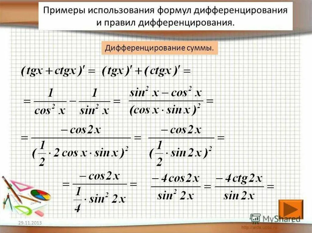 Производная функции у 9 равна