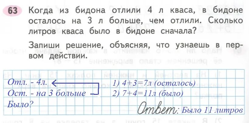 Когда из бидона отлили 4 литра кваса. 2 Класс математика когда из бидона отлили 4 литра кваса. Когда из бидона отлили 4 литра схема. Когда из бидона отлили 4 литра кваса в бидоне осталось на 3 литра. Математика 2 класс страница 63 задача 6