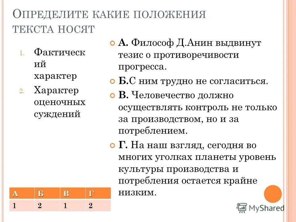 Определить какие положения текста