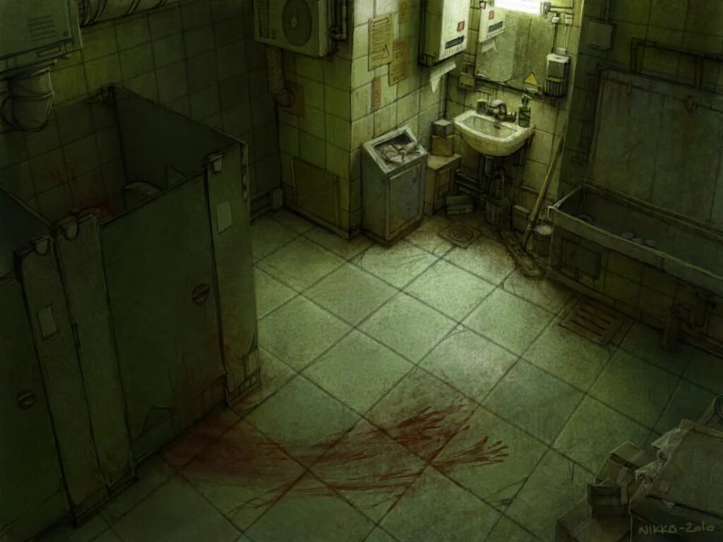 Ванная комната в стиле ужасов. Туалетная комната арт. Страшная комната.