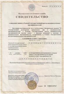 Данные о государственной регистрации индивидуального предпринимателя