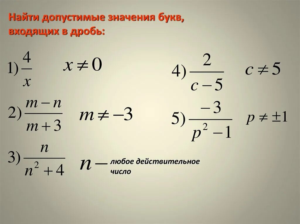 Дробь 7. Найдите допустимые значения букв входящих в дробь. найти допустимые значения букв. сократить алгебраическую дробь. как найти допустимые значения букв входящих в дробь.