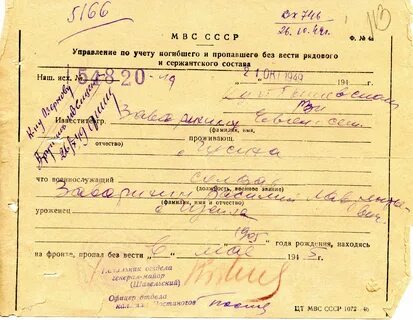 Розыскная карта на без вести пропавшего