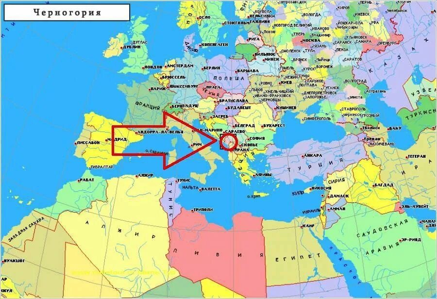 Эта область граничит с двумя европейскими странами. Черногория на карте Европы. Карта Европы Черногория со странами крупно на русском. Черногория политическая карта.