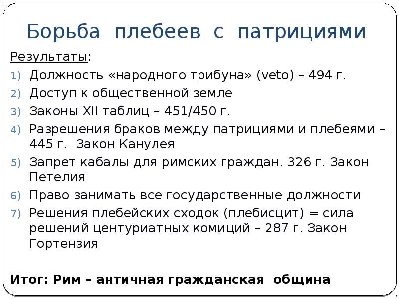 Итоги борьбы патрициев и плебеев. Борьба патрициев и плебеев. Причины борьбы патрициев и плебеев. Основные этапы борьбы патрициев и плебеев. Эксцепция