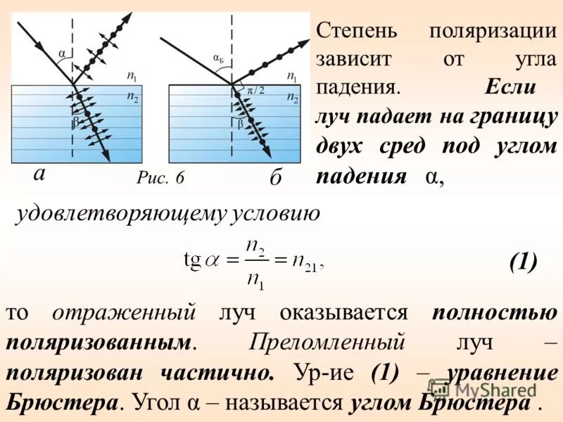 Оптика физика закон брюстера. Поляризация света при отражении. Поляризация света при отражении и преломлении. Поляризация света при отражении и преломлении закон брюстера. Степень поляризации отражённого света.