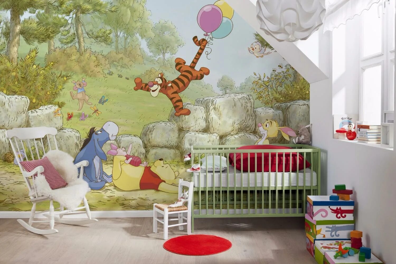 gray and white interior in nursery room with polka dot wallpaper #polkadot #kids