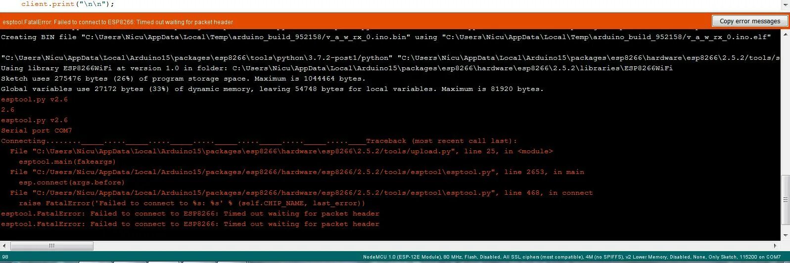 Компилятор ошибка. Esptool.FATALERROR: failed to connect to esp8266: timed out waiting for Packet header. Загрузка кода. Timed_out , -7. Err_connection_timed_out.