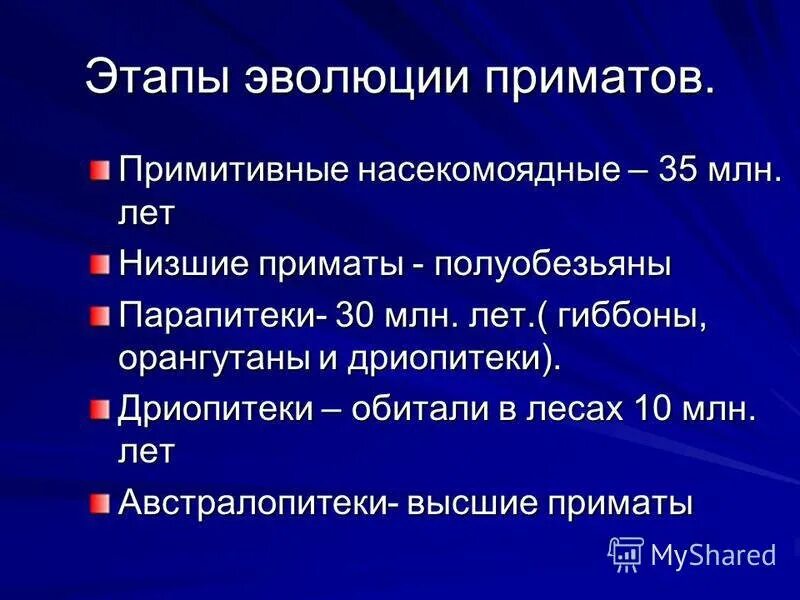 Основные этапы эволюции приматов. Основные этапы революции приматов.
