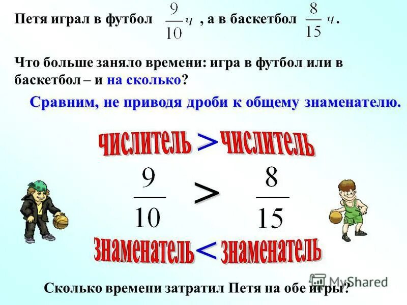 Как сравнить дроби не приводя к общему знаменателю. Сравнение дробей без приведения к общему знаменателю. Сравнение дробей с общим знаменателем. Сравни дроби не приводя к общему знаменателю.