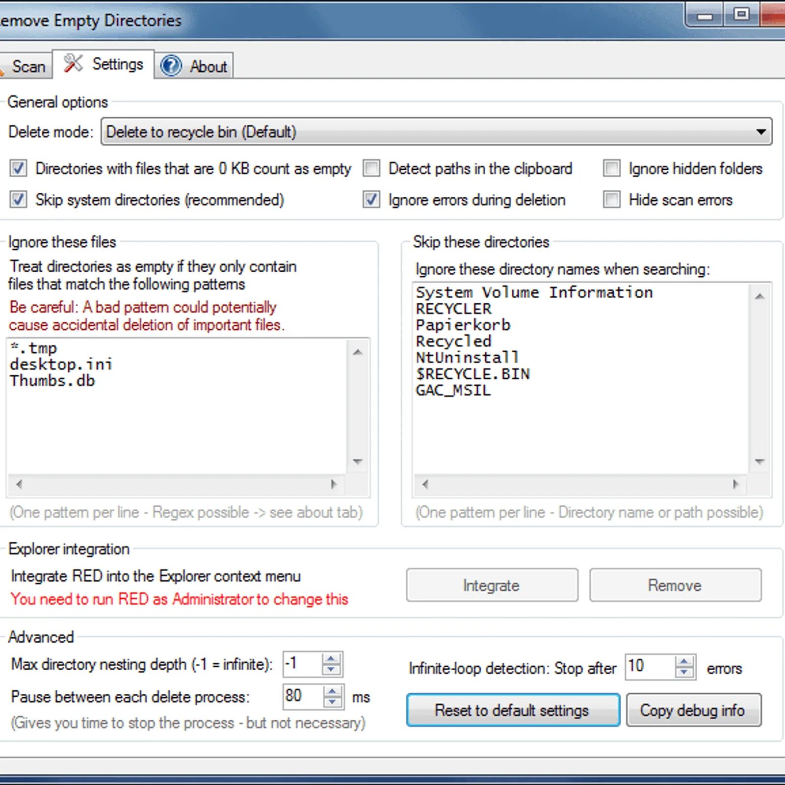 Directory delete. Remove empty directories. программа для удаления пустых папок. directory empty folder. settings tab.