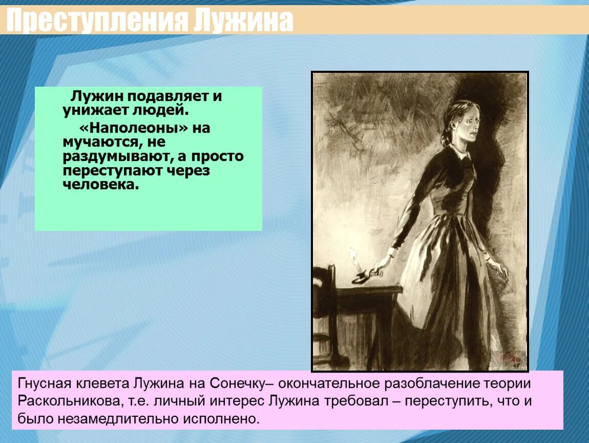 Теория лужина в романе. Преступление Лужина в романе преступление и наказание. Преступление и наказание герои Лужин. Характер Лужина в романе преступление и наказание.