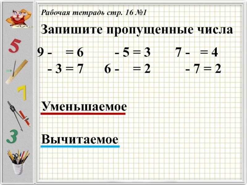 Вычитаемое разность 1 класс школа России. Задания по математике 1 класс уменьшаемое вычитаемое разность. Тема уменьшаемое вычитаемое разность 1 класс школа России. Вычитаемое и уменьшаемое 1 класс.