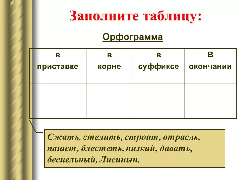 В слове расстилают в корне. Орфография словообразование 5 класс. Заполните таблицы на словообразование.. Таблица Лисицына.