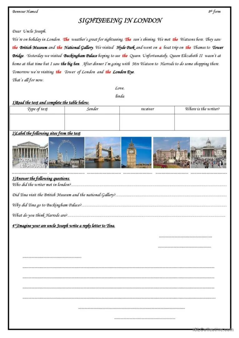 Answer the questions about london. London sights worksheets. london sightseeing worksheets. the sightseeing of london worksheets for yl.