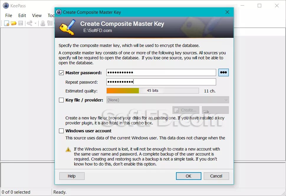Create key file. Master key пароль. keepass password safe.